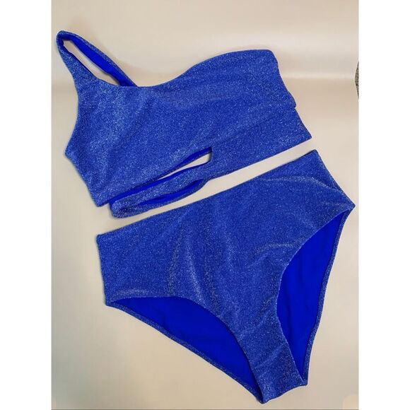 Berlook Lurex One Shoulder Bikini Top & High Waisted Bottoms Set Blue Size 16 - Picture 5 of 12